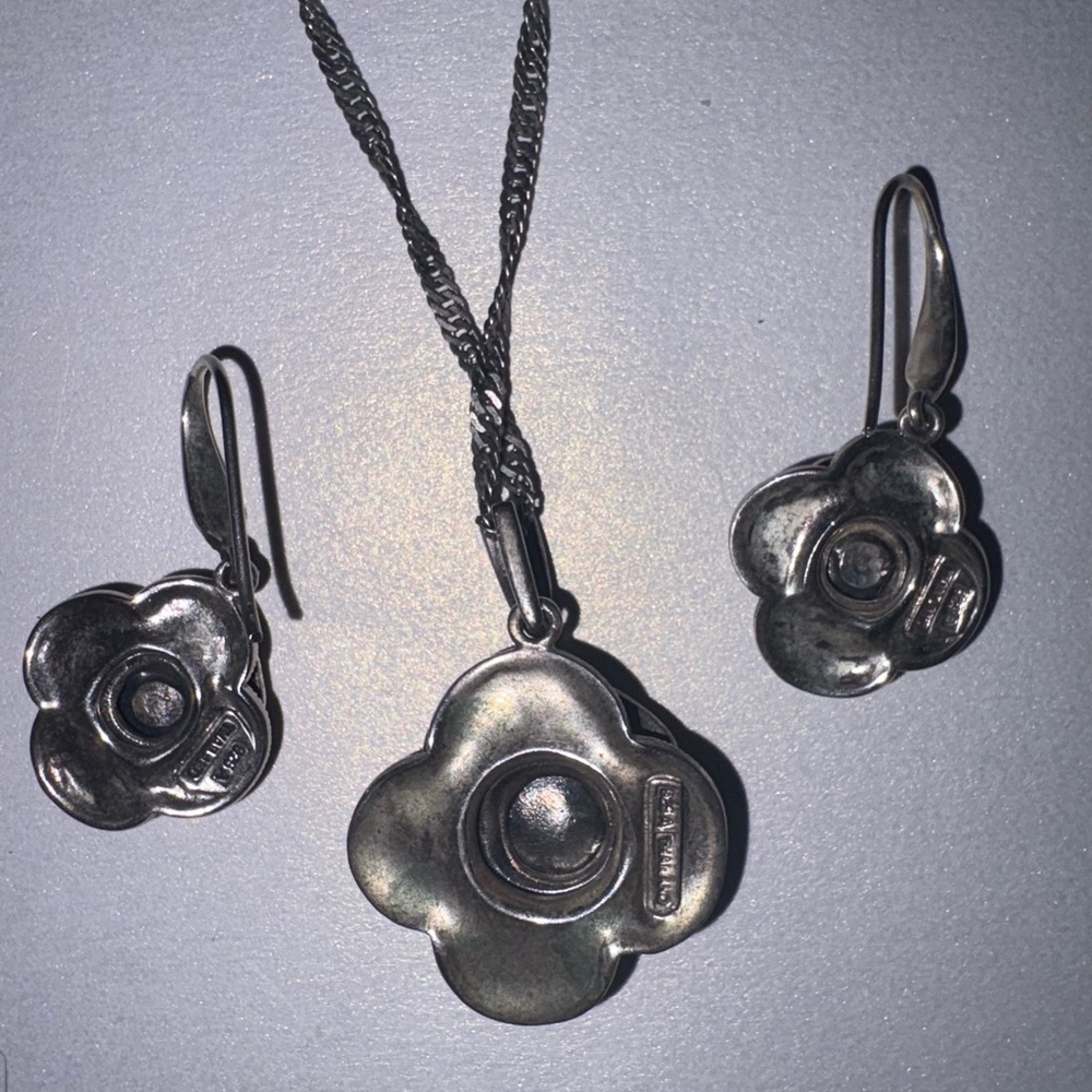 Vintage RARE Sterling Silver 925 Marcasite Rose Pendant & Chain 18’Earrings Set - Picture 4 of 10